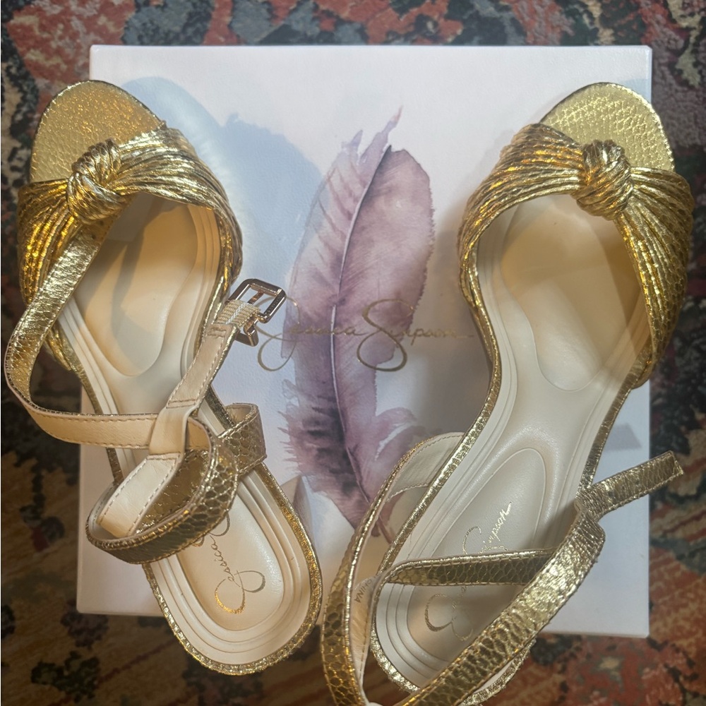 Jessica Simpson Metallic Gold Knot-Front Heeled Sandals - Picture 9 of 9